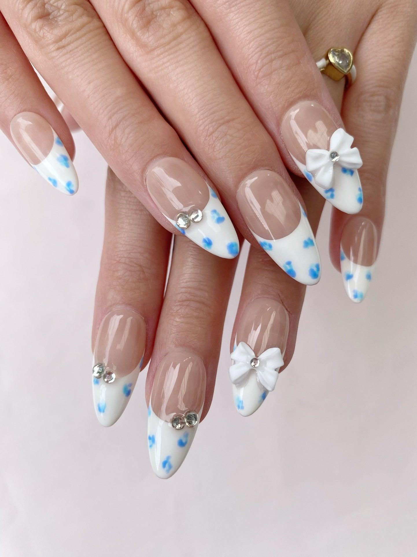 Blue Bow - GO2NAIL  MEDIUM ALMOND PressOnNails
