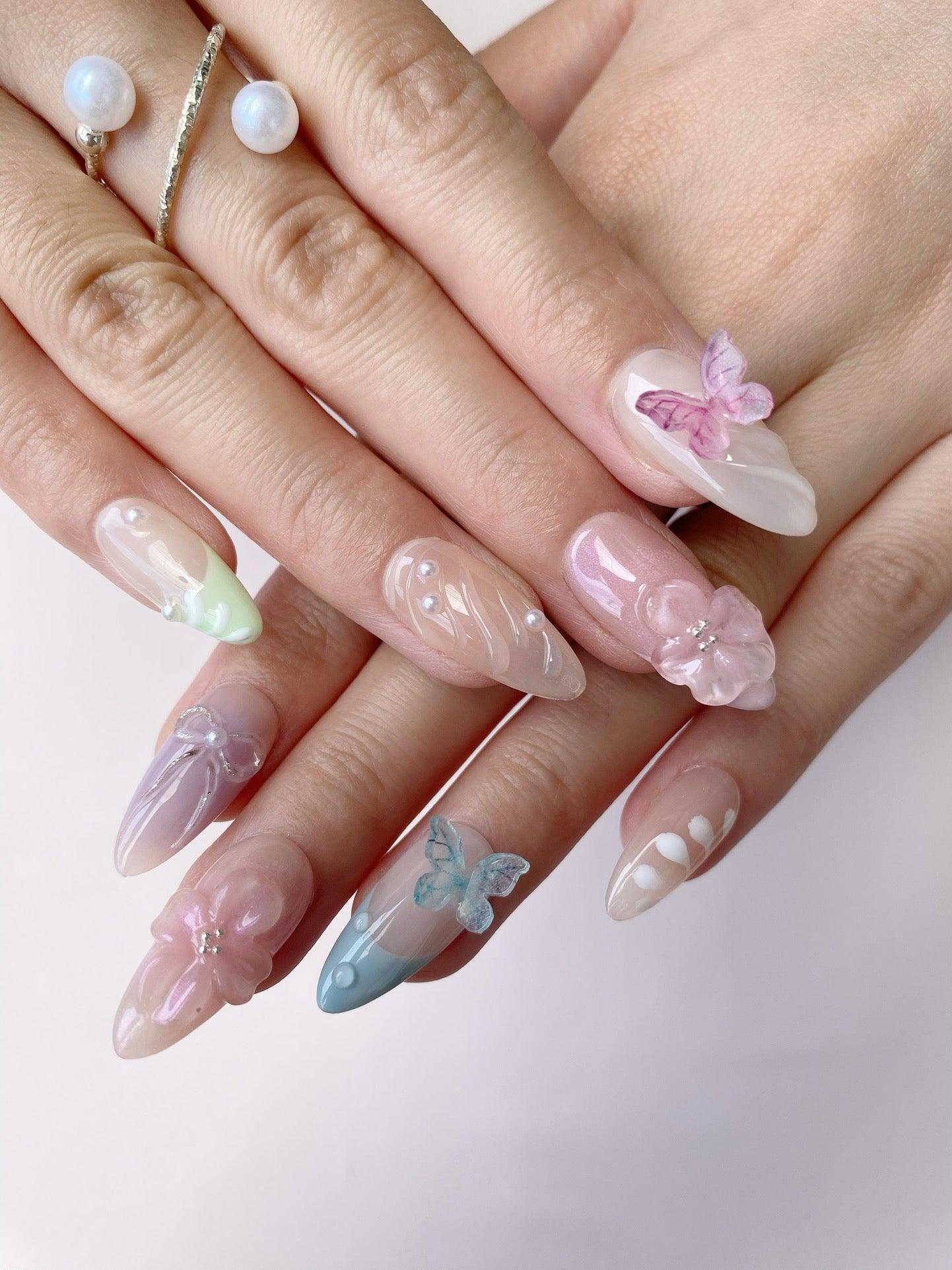 Fluttering Blooms - GO2NAIL  MEDIUM ALMOND PressOnNails