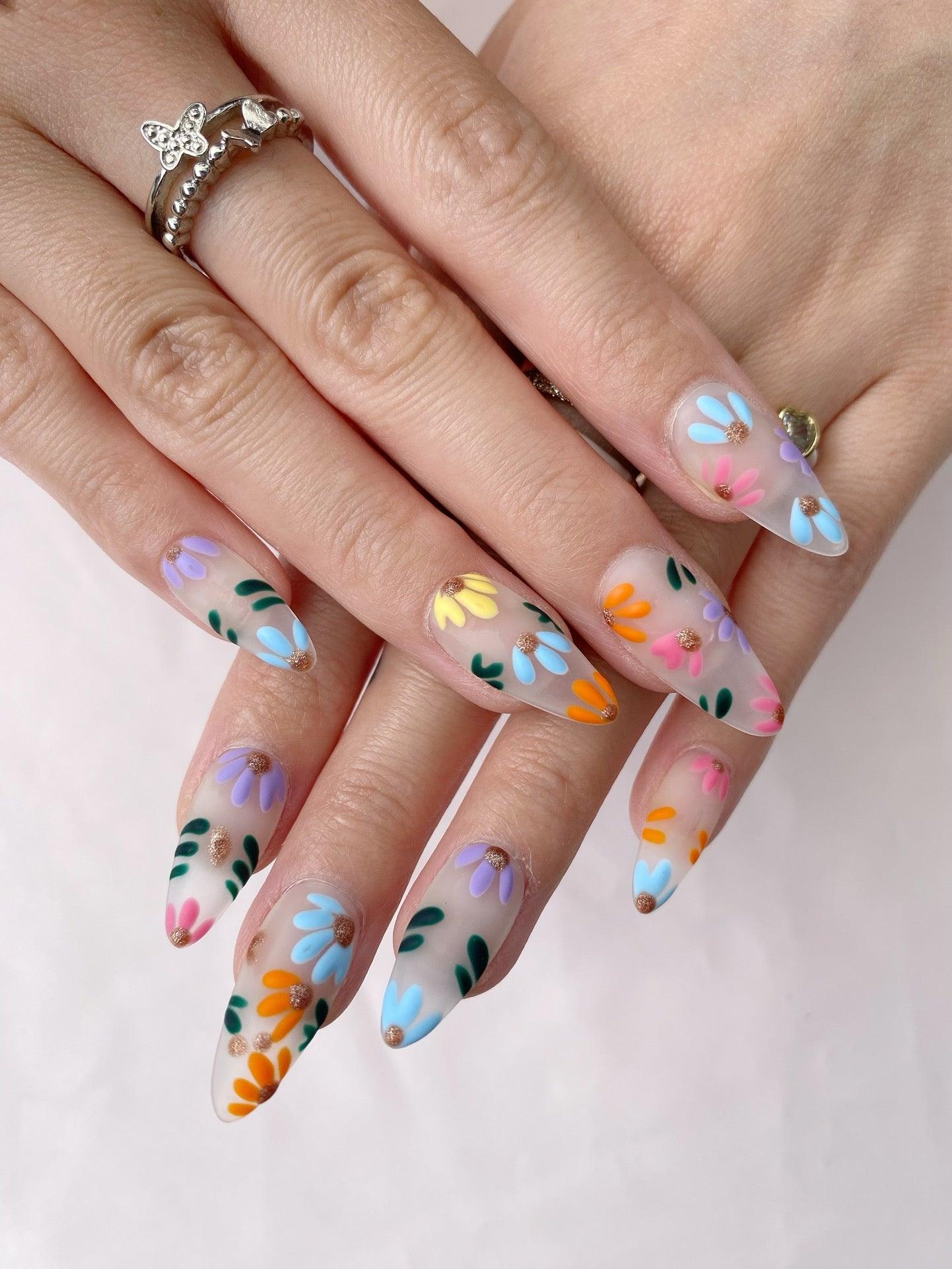 Rainbow Blossoms - GO2NAIL  MEDIUM ALMOND PressOnNails